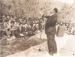 Rev. Moon speaking to a gathering of followers in Korea ca. 1965.