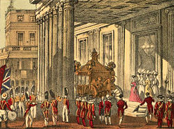 Queen Victoria leaves Buckingham Palace in the Gold State Coach, awaits, circa 1837-1840.