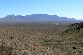 Looking across from Emigrant Pass towards the Kingston Range in the eastern Mojave. The Old Spanish Trail passed through the valley in the foreground.
