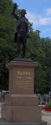 Statue of Edmund Burke in Bristol. The inscription reads: Burke 1774–1780. "I wish to be a member of parliament to have my share of doing good and resisting evil." Speech at Bristol 1780