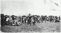 Rain dance, Kansas, c. 1920 by Prairie Potawatomi who performed rain dances to both induce precipitation for sustenance and to cleanse evil spirits from the earth.