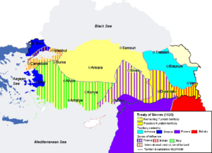 Borders of Turkey according to the Treaty of Sèvres (1920) which was annulled and replaced by the Treaty of Lausanne (1923)