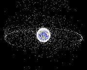 Space debris populations seen from outside geosynchronous orbit.