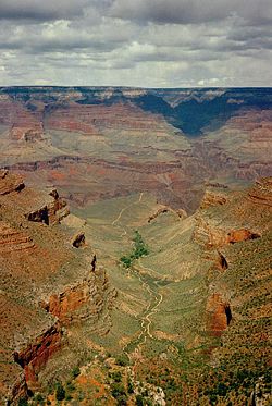 Looking down Bright Angel trail to the Grand Canyon. The green area is Indian Gardens and the trail continues to Phantom Ranch at the river where a suspension bridge allows access to the North Rim.