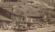 Tour buses at Zion Lodge in 1929. Tourism greatly increased after paved all-weather highways were built to Zion
