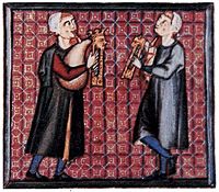 A detail from the Cantigas de Santa Maria showing bagpipes with one chanter and a parallel drone (13th Century)