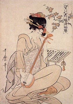 Kitagawa Utamaro, "Flowers of Edo: Young Woman's Narrative Chanting to the Shamisen," ca. 1800
