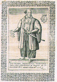 Depiction of Hasekura's visit in the 17th century German edition of Scipione Amati's 1615 book on the "History of the Kingdom of Voxu." Hasekura's blason in the top right corner.