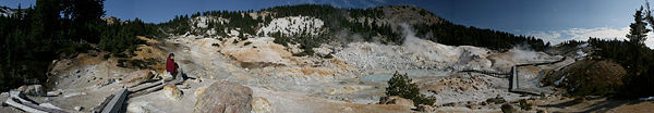Bumpass Hell contains boiling springs, mudpots, and fumaroles.