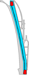 Sketch of the elevator at the new city hall, Hannover, Germany, showing the cabin both at the bottom and the top