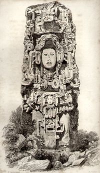 Stela N, depicting King K'ac Yipyaj Chan K'awiil ("Smoke Shell"), as drawn by Frederick Catherwood in 1839