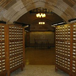 The card catalog at Yale University's Sterling Memorial Library goes almost completely unused, but adds to the austere atmosphere.