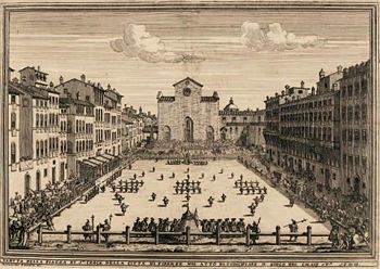 An illustration of the Calcio Fiorentino field and starting positions, from a 1688 book