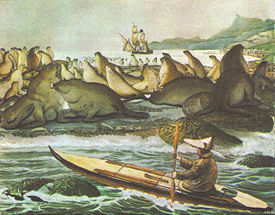 The russian "Rurik" sets anchor near Saint Paul Island in the Bering sea in order to load food and equipment for the expedition to the Chukchi sea in the north. Drawing by Louis Choris in 1817.