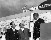 From left to right: Governor Wallace, NASA Administrator James E. Webb and scientist Wernher von Braun at the Marshall Space Flight Center.