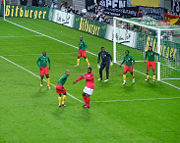 Cameroon faces Germany at Zentralstadion in Leipzig, April 2003.