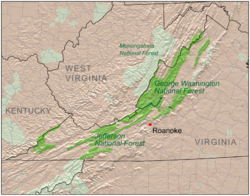 Map showing the location of the George Washington and Jefferson National Forests.