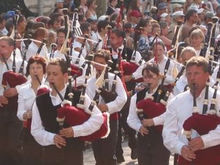 A Bretan bagad bagpipe ensemble, an example of the bagpipe's resurgent trend in popularity.