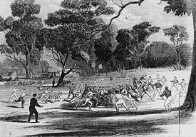 An Australian rules football match at the Richmond Paddock, Melbourne, in 1866.