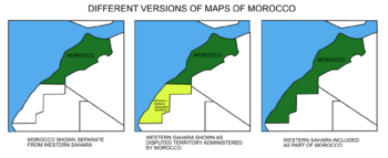 Different maps used to illustrate the area of Morocco, with and without Western Sahara.