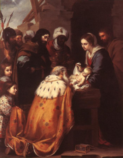 The Wise Men (Magi) adoring the infant Jesus.