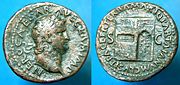 Roman coin struck in 66 C.E. under Nero's reign depicting the gates of the Temple of Janus closed.