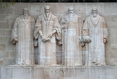 The Wall of Reformers in Geneva. From left: Guillaume Farel, Jean Calvin, Théodore de Bèze and John Knox