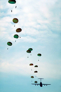 U.S. Army paratroopers training in a jump at Fort Bragg, North Carolina.
