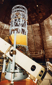 The 100 inch Hooker telescope at Mount Wilson Observatory that Hubble used to measure galaxy redshifts and a value for the rate of expansion of the universe.