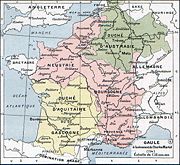 Gaul at the death of Pepin of Heristal (714). At this time the vast duchy of Aquitaine (yellow) was not a part of the Frankish kingdom.