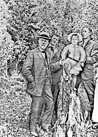Photograph of Dr. G.V. Black (left) and Drs. Isaac Burton and F. Y. Wilson, 1909, studying the "Colorado Brown Stain" (picture taken by McKay, printed in Douglas W.A.:"History of dentistry in Colorado, 1859-1959").