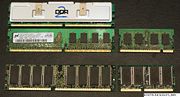 Top L-R, DDR2 with heat-spreader, DDR2 without heat-spreader, Laptop DDR2, DDR, Laptop DDR.