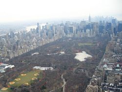 Central Park in Manhattan looking south, February 2005, when the Christo installation The Gates was on display in the park (orange "gates" visible in photo)