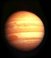 Image of Jupiter by Pioneer 10 in 1974. The Great Red Spot appears more prominent here than in the Voyager images because of its location in a lighter colored band of clouds.