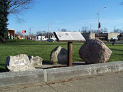Small memorial marker along the Potawatomi Trail of Death in Rochester, Indiana. There is an engraved stone for each of the four states the Band traversed.