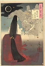 Iga no Tsubone confronts the tormented spirit of Sasaki no Kiyotaka, by Yoshitoshi. Sasaki's ghost appears with the wings and claws of a tengu.