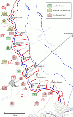 British infantry attack plan for July 1. The only success came in the south at Mametz and Montauban and on the French sector.
