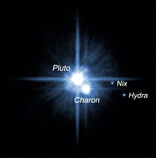 Pluto and its three known moons. Pluto and Charon are the bright objects in the center; the two smaller moons are at the right and bottom, farther out.