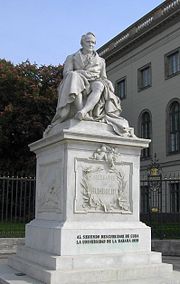Statue of Alexander von Humboldt outside Humboldt University. Note the Spanish inscription describing him as "the second discoverer of Cuba."