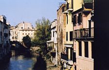 Tronco Maestro Riviera: A pedestrian walks along a section of the "inland waterway" or naviglio interno of Padua.