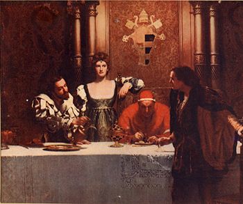 Not so holy family: Lucrezia Borgia with father Rodrigo (Pope Alexander VI) and brother Caesare. The figure in the foreground may be a depiction of the messenger Perotto. All three men were rumored to be the father of Lucretia's first son.