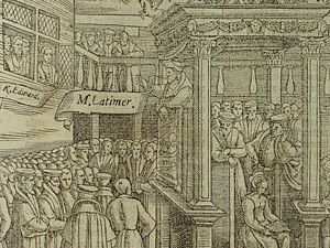 Hugh Latimer preaching to a crowd, including Edward VI, in Westminster, from John Foxe's book (1563)