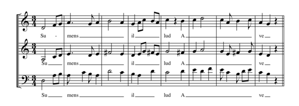 The beginning of Dufay's setting of Ave maris stella, in fauxbourdon. The top and bottom lines are freely composed. The middle line, designated "fauxbourdon" in the original chant, follows the top line but exactly a perfect fourth below.  The bottom line is often, but not always, a sixth below the top line. It is embellished, and reaches cadences on the octave.