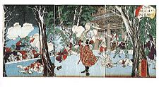 Kondo Isami, leader of the pro-Shogunate Shinsengumi, facing soldiers from Tosa (distinctive "Red bear" (赤熊, Shaguma) wigs of the officers) at the Battle of Kōshū-Katsunuma