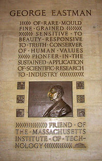 A plaque of George Eastman, founder of Kodak, in Building 6. His nose is rubbed by students for good luck.
