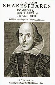 Title page of the First Folio, 1623. Copper engraving of Shakespeare by Martin Droeshout.