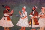 Guru Gobind Singh (with falcon) encounters Guru Nanak Dev. An eighteenth century painting of an imaginary meeting.
