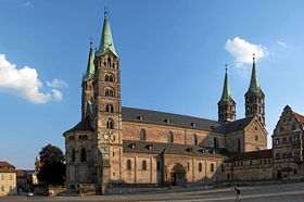 Bamberg Cathedral presents the distinctive outline of many of the large Romanesque churches of the Germanic tradition.