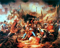 Battle of Belgrad, Hungarian painting from the nineteenth century. In the middle is Giovanni da Capistrano with the cross in his hand.