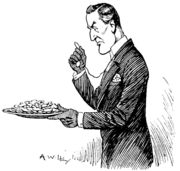 Taking the offertory.Mr. Austen Chamberlain (as Sidesman). "The threepenny-bit is economical, perhaps; but a desirable coin, from my point of view, it is not.".Cartoon from Punch magazine Vol. 158, February 25th, 1920, after a debate in the House of Commons in which Chamberlain spoke in favour of continuing to mint the threepenny-bit, against the objections of others who cited the displeasure of churchwardens with the coin.